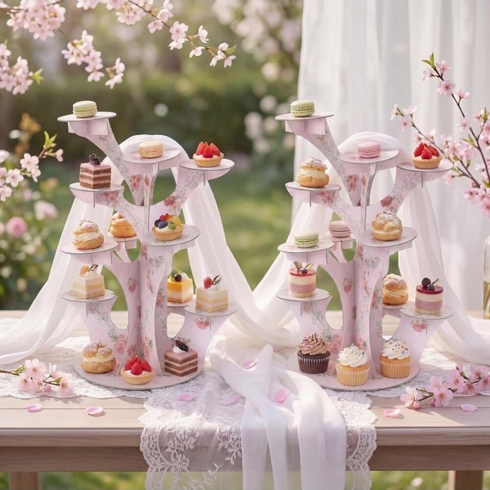 Pink Floral Tree Cupcake Stand Cardboard 12 Tier Dessert Tower Tea Party Decor